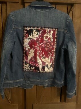 Chico's size 1 Denim Jacket with Red Floral Back Patch - Women's Casual Jacket